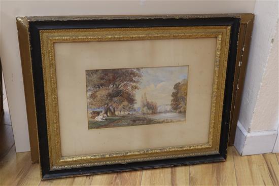 Henry Seymour, watercolour, Harvest field, signed and dated 1908, 12 x 17cm and three other pictures